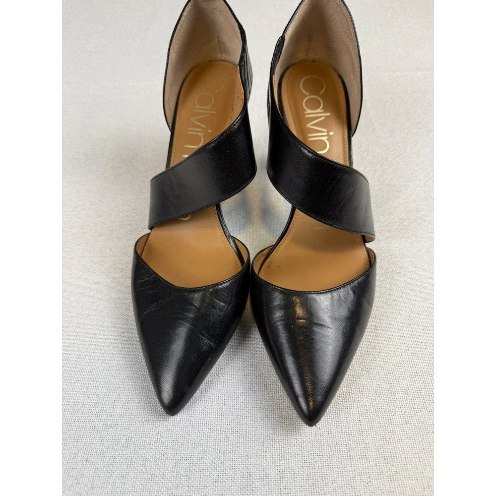 Calvin Klein Women Black Leather Asymmetrical D'Orsay Pointed Toe Stiletto Heels